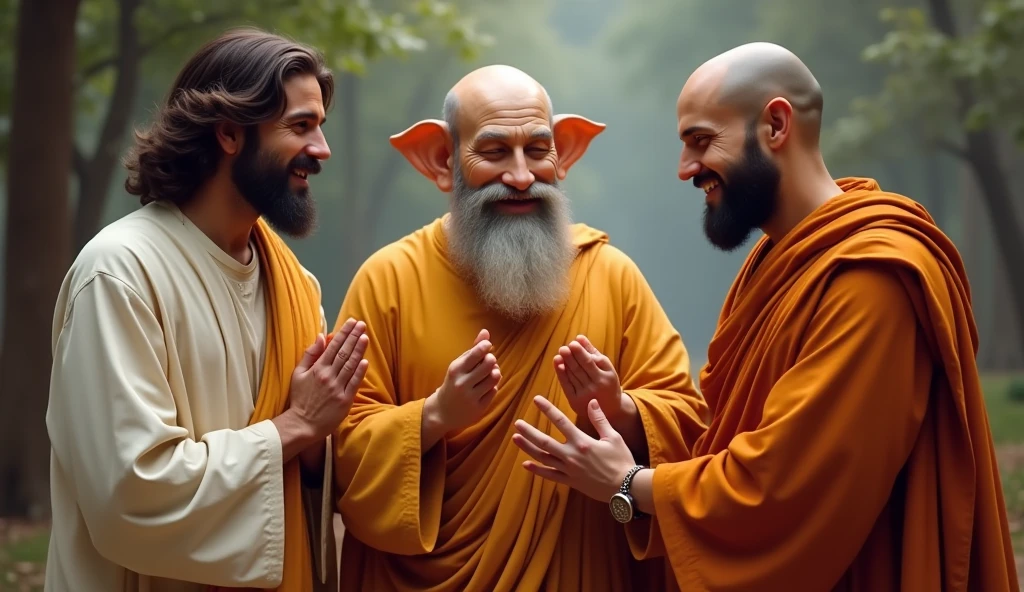 Jesus Christ and Ganesha and Buddha, link arms, stand side by side  talking, speaking, fun, friends, standing, faces the front, beautiful, realistic