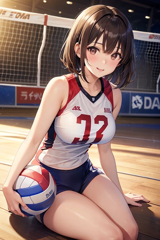 Negasaki Nene、Shiny brown hair, short hair, (Beautiful brown eyes、Sparkling eyes, Fine grain)、smile、Ultra-detailed eyes、Very detailed顔, Very detailed目,
(One girl, alone, alone),, Very detailed, Soft indirect lighting, 4K, Perfect Eyes, Perfect Face, Perfect lighting, a. One girl)), ((Captivating look, Seduce, sensualizes, Excited)),
((Volleyball Uniforms, Volleyball Player, Women's Volleyball, Volleyball Shorts, Volleyball Regatta, Volleyball court, Olympic Court, Volleyball Stadium)), (((Fitness))) One girl, alone, Are standing