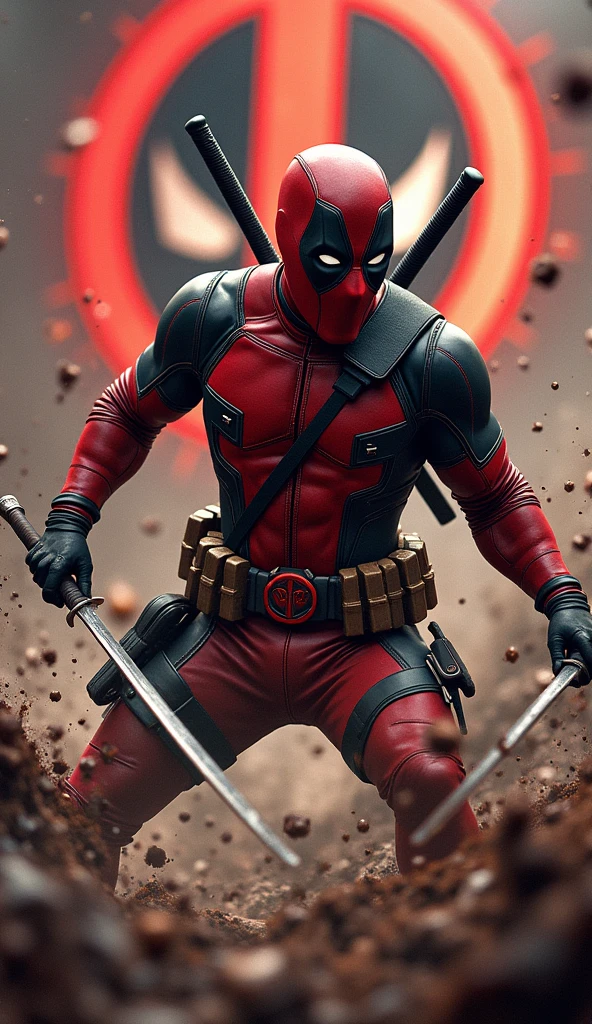 masterpiece, Highest quality, The best vantage point, Super detailed and intricate, Very delicate and beautiful, Highest quality light, (Ray Tracing:1.1),dead pool、Sword in both hands、Stabbing the enemy、Bloody、During fierce fighting、Knock down the enemy、DEADPOOL title logo in the background