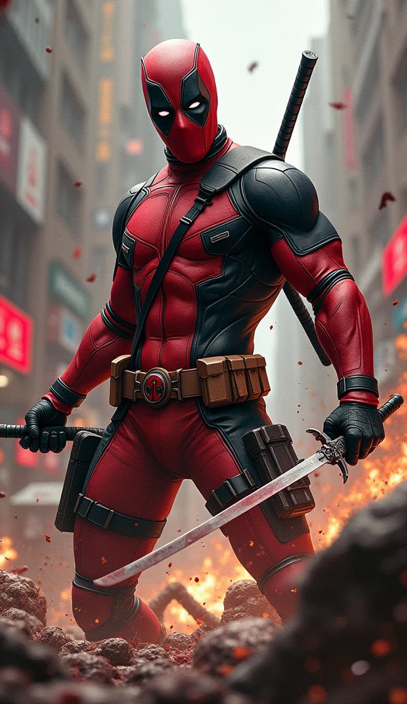 masterpiece, Highest quality, The best vantage point, Super detailed and intricate, Very delicate and beautiful, Highest quality light, (Ray Tracing:1.1),dead pool、Sword in both hands、Stabbing the enemy、Bloody、During fierce fighting、Knock down the enemy、DEADPOOL title logo in the background