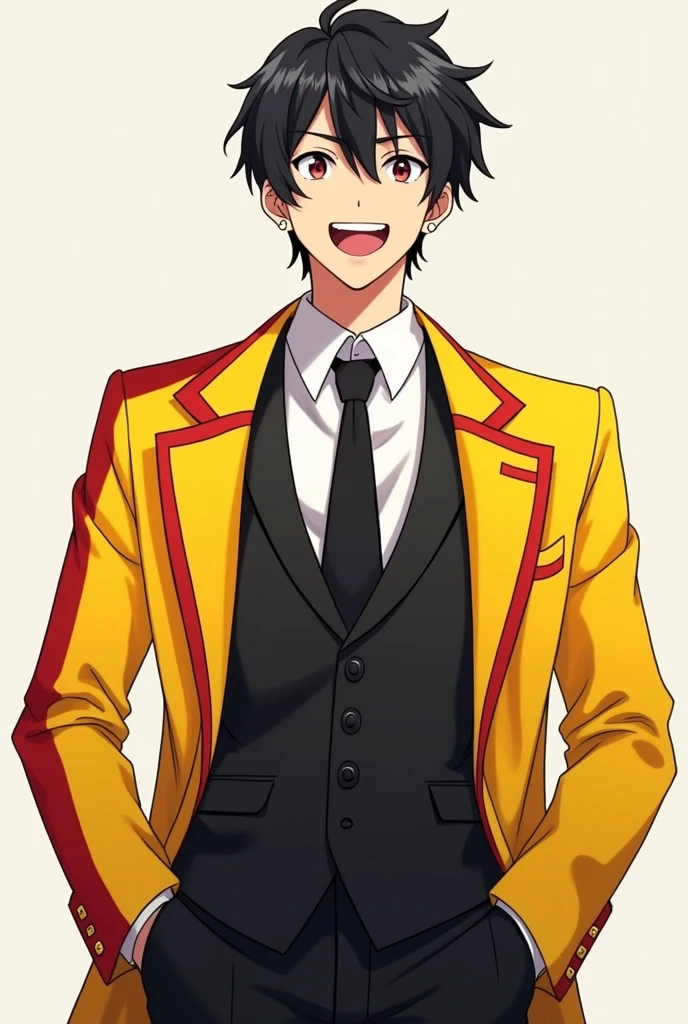A SMILING MAN IN A BLACK SUIT AND A YELLOW COAT WITH SEVERAL RED STRIPES IN ANIME STYLE
