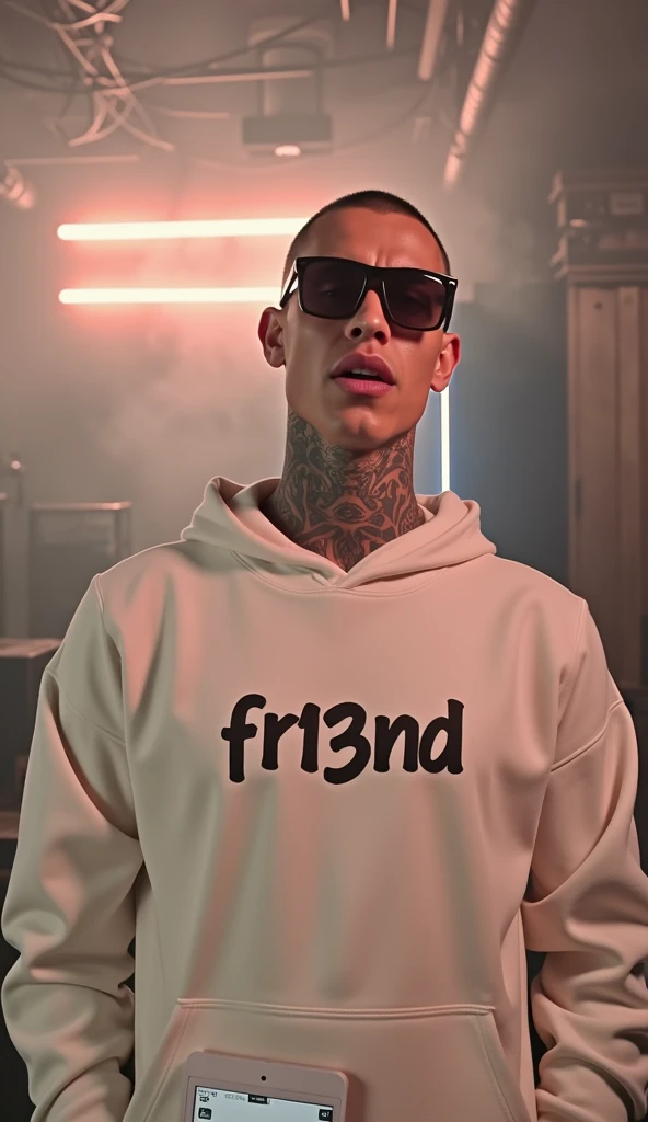 picture of tanned japanese man, black hair, crew cut hair style, clean face, wearing black hoodie write big "SANG PENULIS" (two lines) on long cut hoodie and torn black jeans, back ground is white wall, vibrant, ((Masterpiece, Top Quality, High Resolution, Photorealistic, Raw, 8K)), Sitting on a plastic chair and leaning back, exhaling smoke from his mouth, smoking casually, also giving a smoke effect. White painted wall background bored, realistic