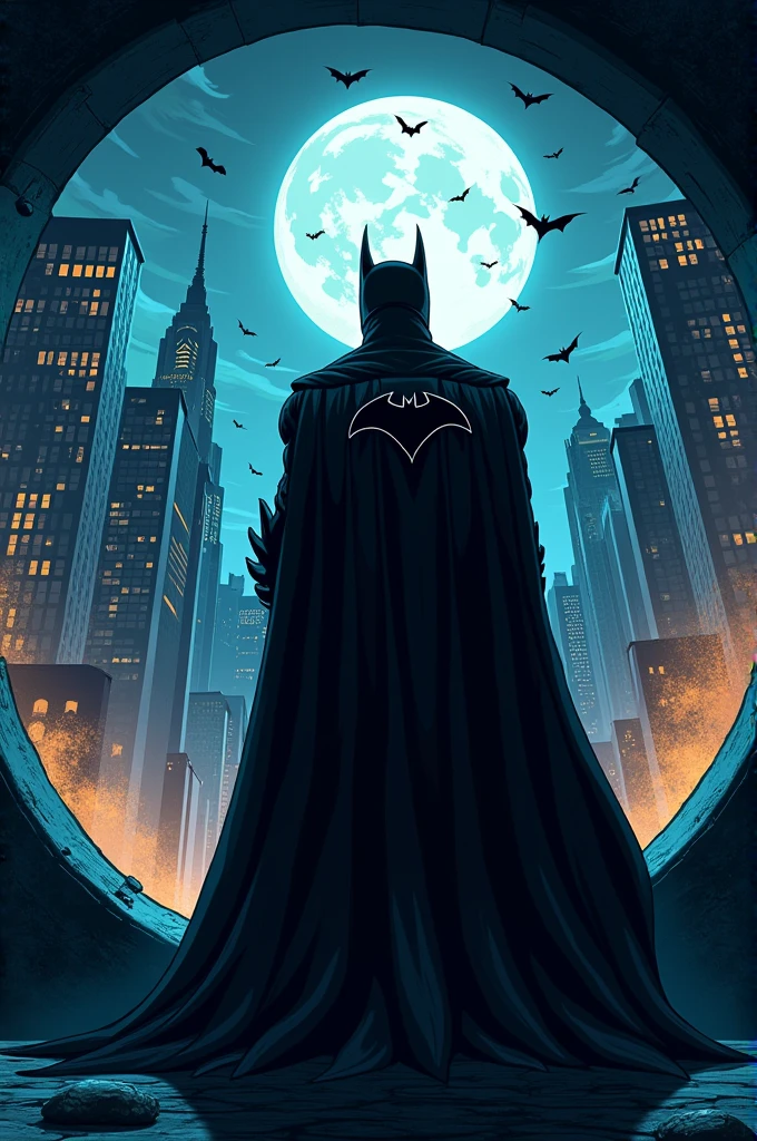 Batman Gotham City Cartoon, inside a circle with outward perspective
