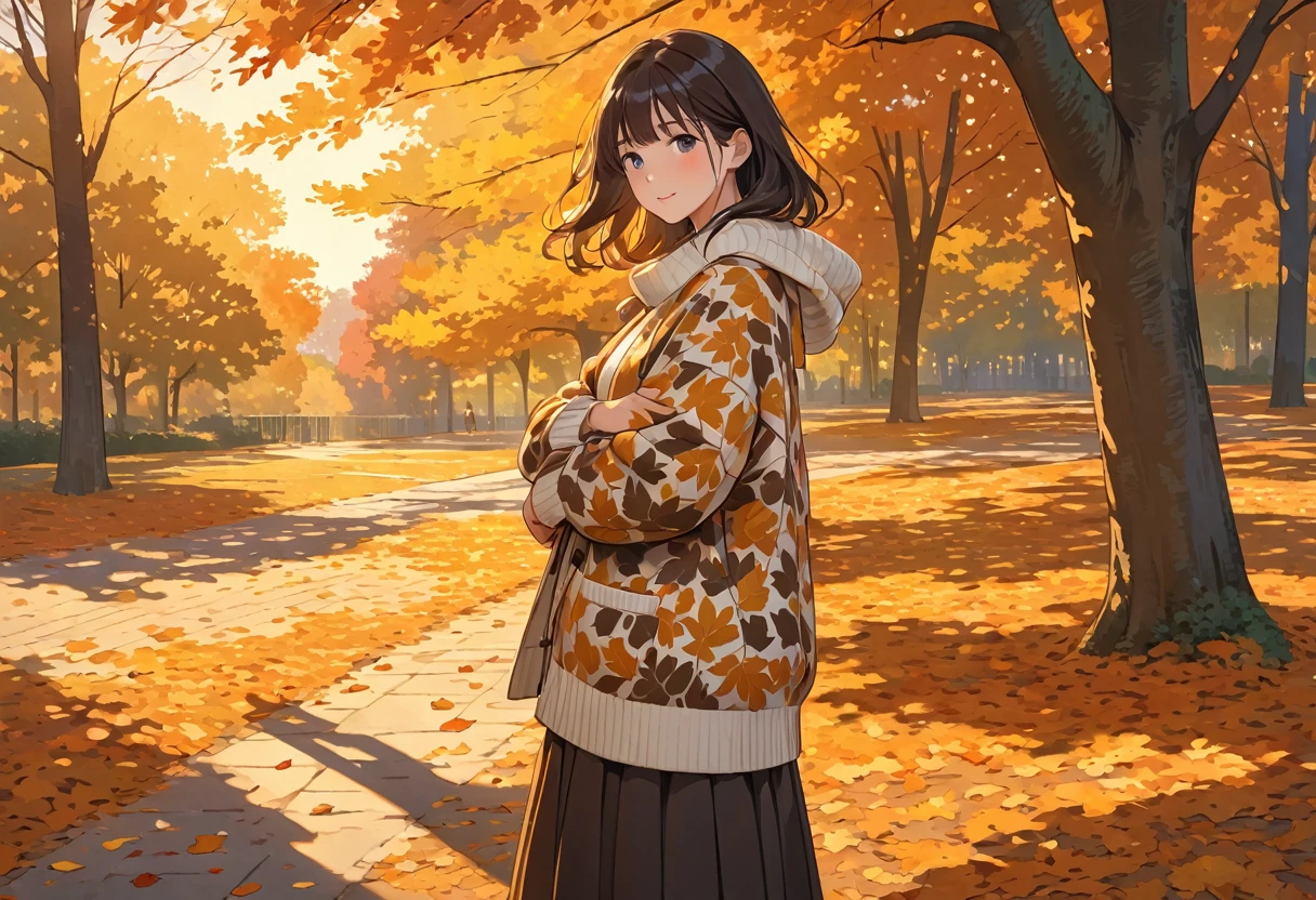 The image shows a person wearing a patterned sweater, standing outdoors in what appears to be a park or wooded area. The setting sun casts a warm, golden light, creating long shadows on the ground covered with fallen leaves. The person is holding a coat or jacket against their body with one arm while the other arm is crossed, holding the sweater. The surrounding trees contribute to a peaceful and serene autumn atmosphere.girl