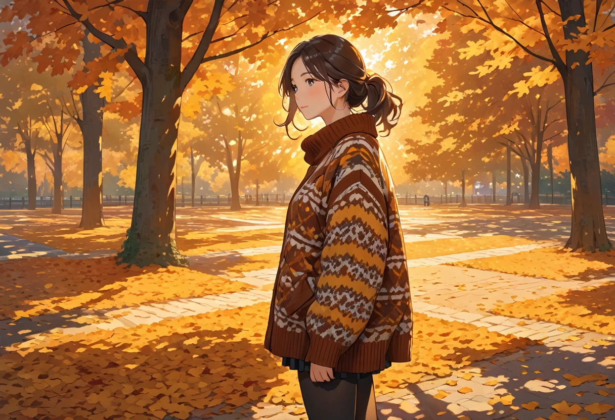 The image shows a person wearing a patterned sweater, standing outdoors in what appears to be a park or wooded area. The setting sun casts a warm, golden light, creating long shadows on the ground covered with fallen leaves. The person is holding a coat or jacket against their body with one arm while the other arm is crossed, holding the sweater. The surrounding trees contribute to a peaceful and serene autumn atmosphere.girl