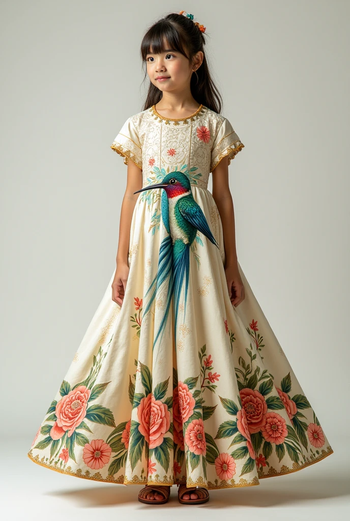 Help me create a large fabric dress with a raised pattern and a colorful hummingbird drawn in the center., and flowers around the bottom that are pretty and that you can see are made with paints for a girl. Let it be different, fashion.