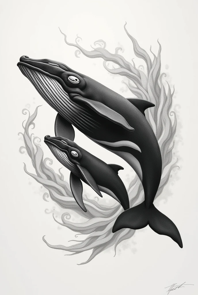 Create a realistic arm tattoo of a humpback whale with its calf swimming in beautiful black and white