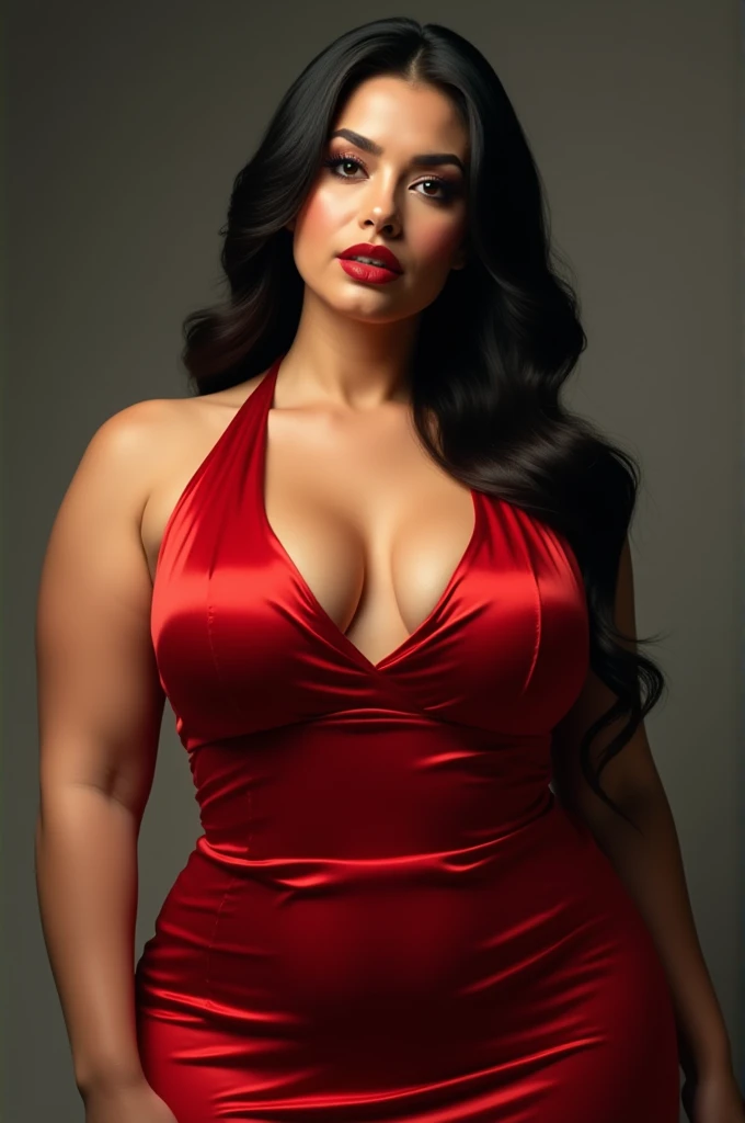 Girl with latin appearance, with pronounced busts, big cleavage wearing an elegant red dress