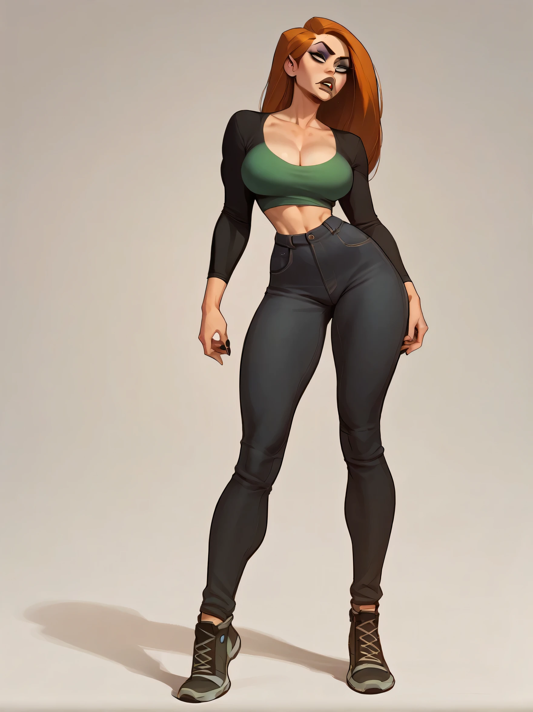 score_9, score_8_up,score_7_up, score_6_up, score_5_up, score_4_up, woman, best quality, highres, full body shot, solo, beautiful, makeup, soft lips, kim possible, jealous, large cleavage,