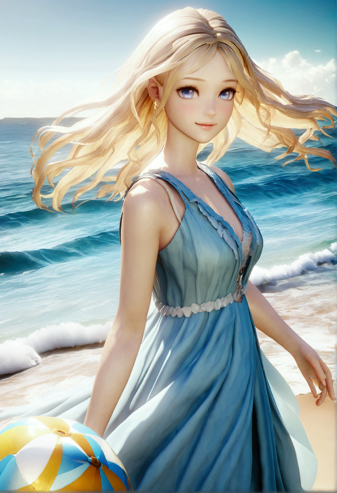 delicate and beautiful CG artwork),(best quality, ultra-detailed, high resolution),(dynamic angle, dynamic lighting),(1 character),(long pink and blonde hair), blue eyes, beautiful face), 1 girl, (long sideburns, plants, smile, long blue dress, 3 d, ocean, water, beach ball, sea shells, sunny, windy