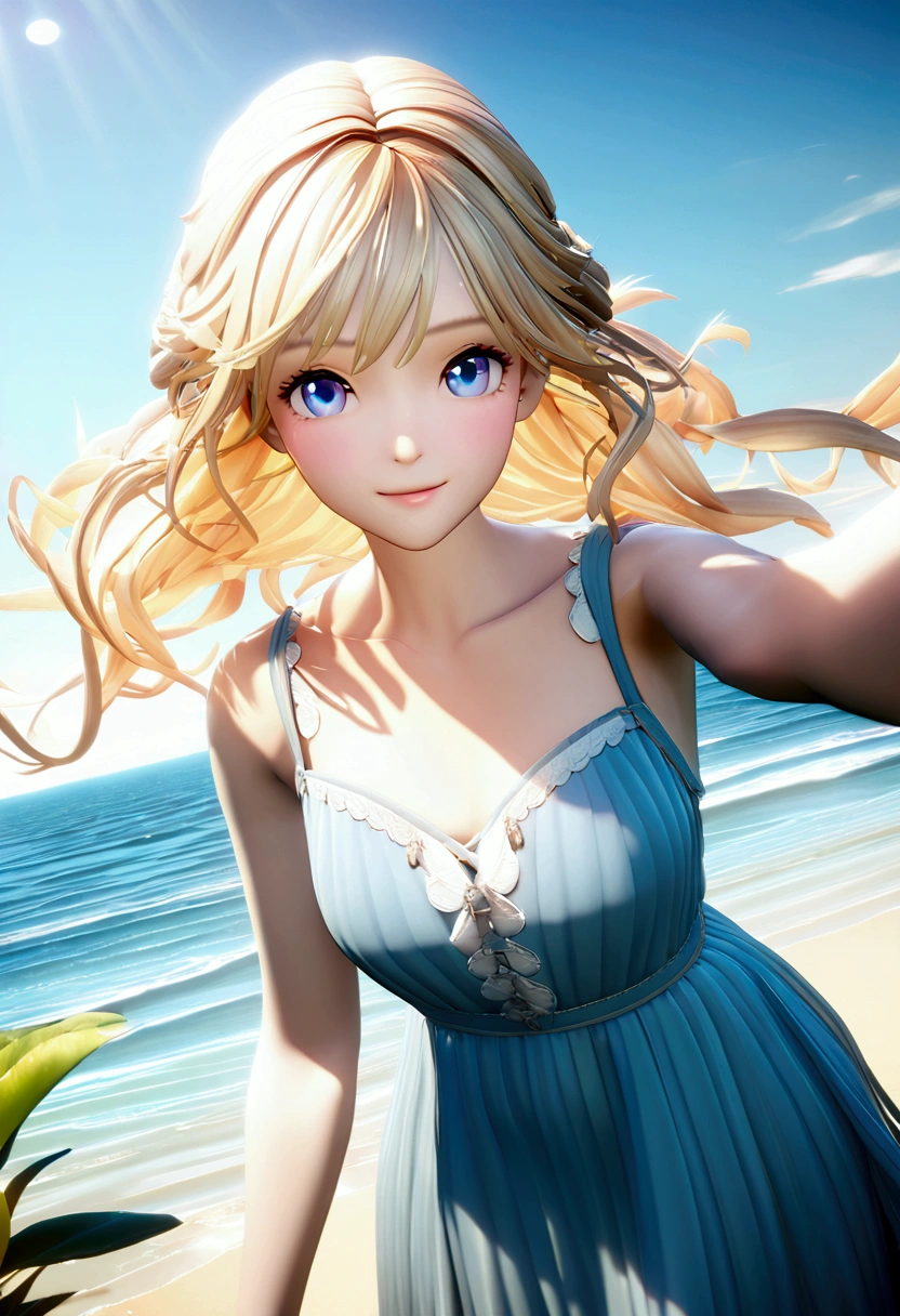 delicate and beautiful CG artwork),(best quality, ultra-detailed, high resolution),(dynamic angle, dynamic lighting),(1 character),(long pink and blonde hair), blue eyes, beautiful face), 1 girl, (long sideburns, plants, smile, long blue dress, 3 d, ocean, water, beach ball, sea shells, sunny, windy