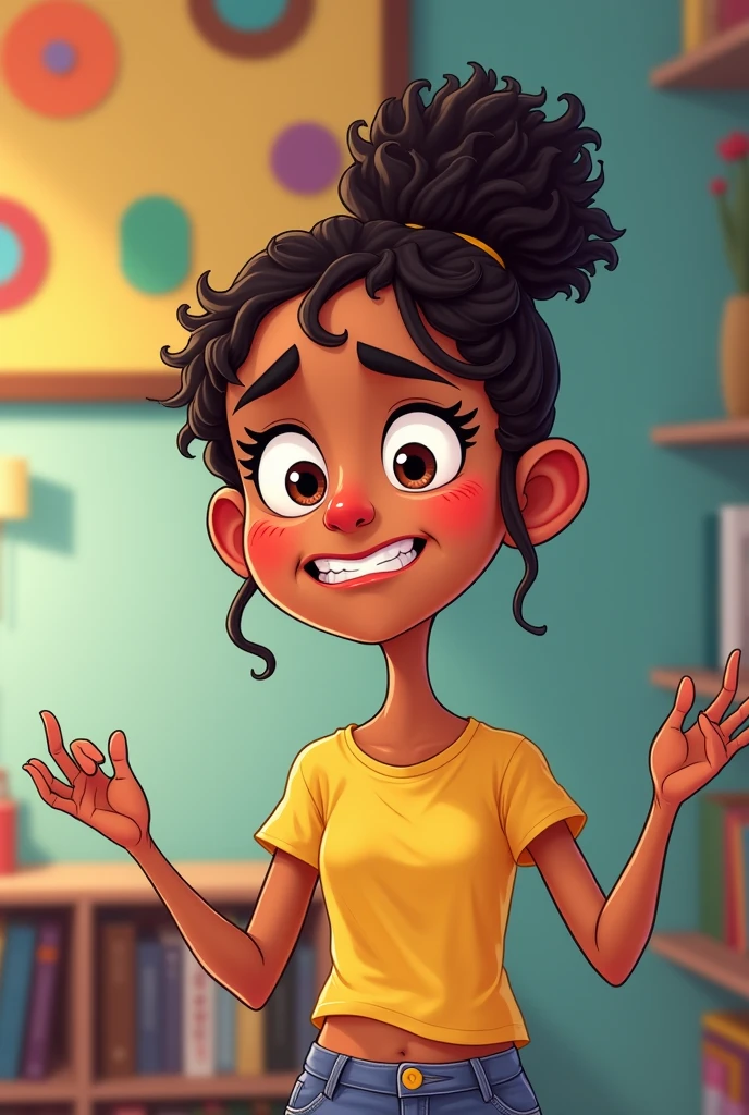 Feeling frustrated like a funny girl from a Pixar movie, more colorful and funny, with different skin color