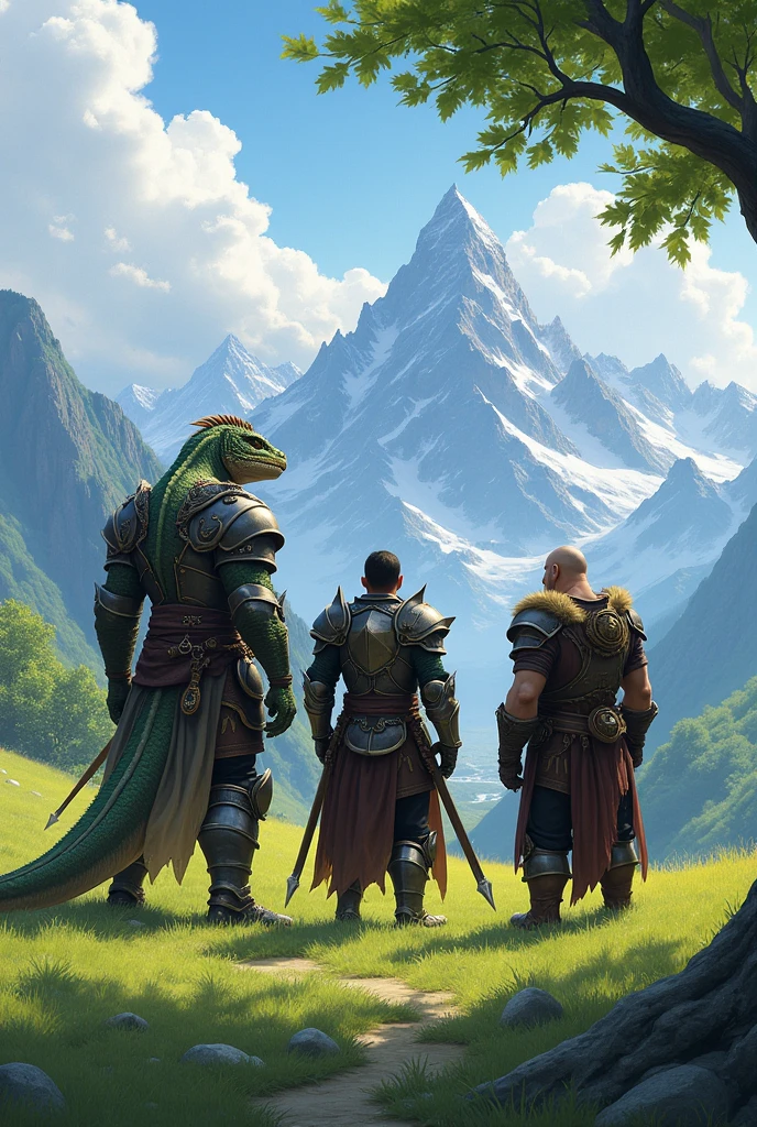 Make a big field full of grass, and next to the image a trio with a dwarf, a lizard man and a knight, looking at the blue sky and admiring the mountain range in the background. Make the lizard man very big and scaly, o cavaleiro maior and more realistic, and the most realistic dwarf , with dark elements, but maintaining the beauty of the mountain range. The Lizard Man and an Armored Humanoid, the slightly smaller dwarf, and with more realistic and obscure details, the lizard man has to be in armor and blades, and more realistic, they have to look at the mountains and be sitting under a mulua tree