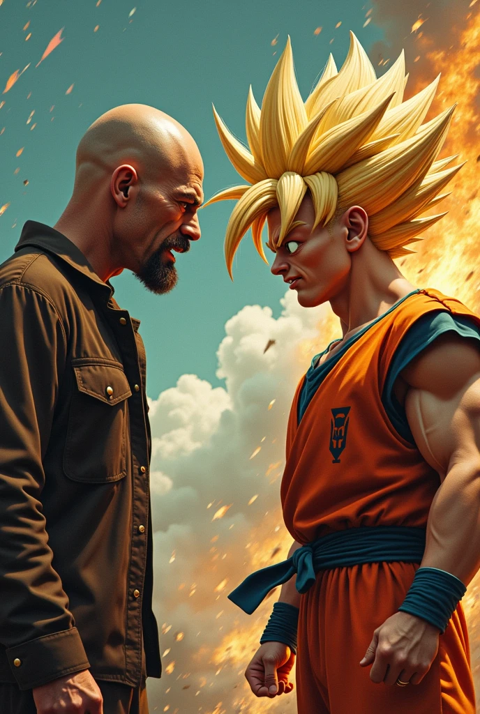 Rapist messi with red eyes with bleach hair with blue suit kill Vegeta in cyber punk in neoncity during night with neon red and blue light