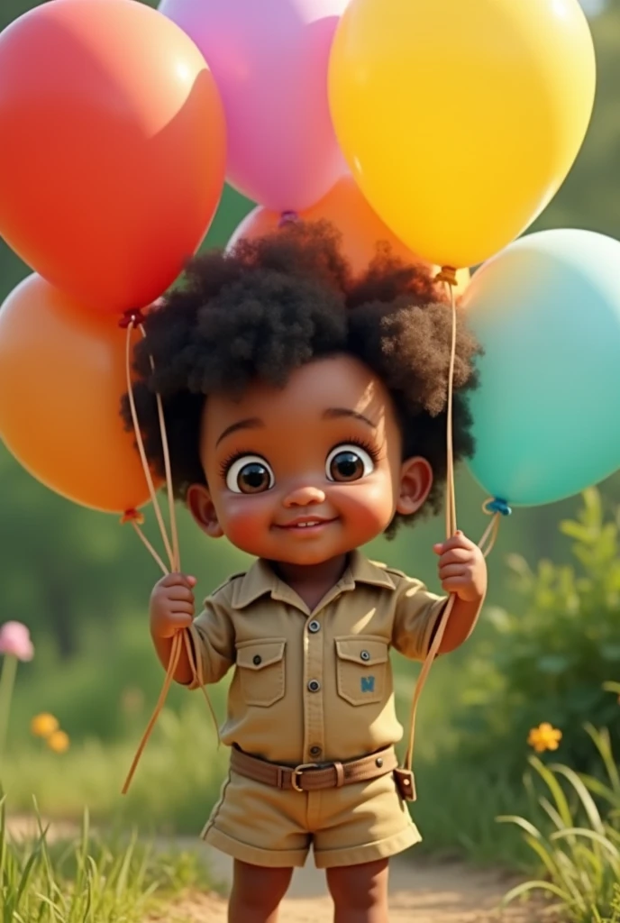 8 month old baby holding balloons in safari outfit curly cropped black hair dark round eyes pouty closed mouth Pixar 3d