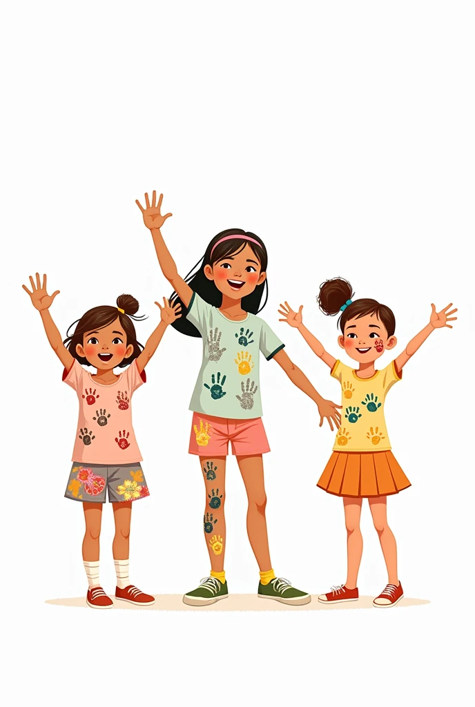 A simple drawing of 3 girls, 2 of them with several handprints on their bodies and one with only two