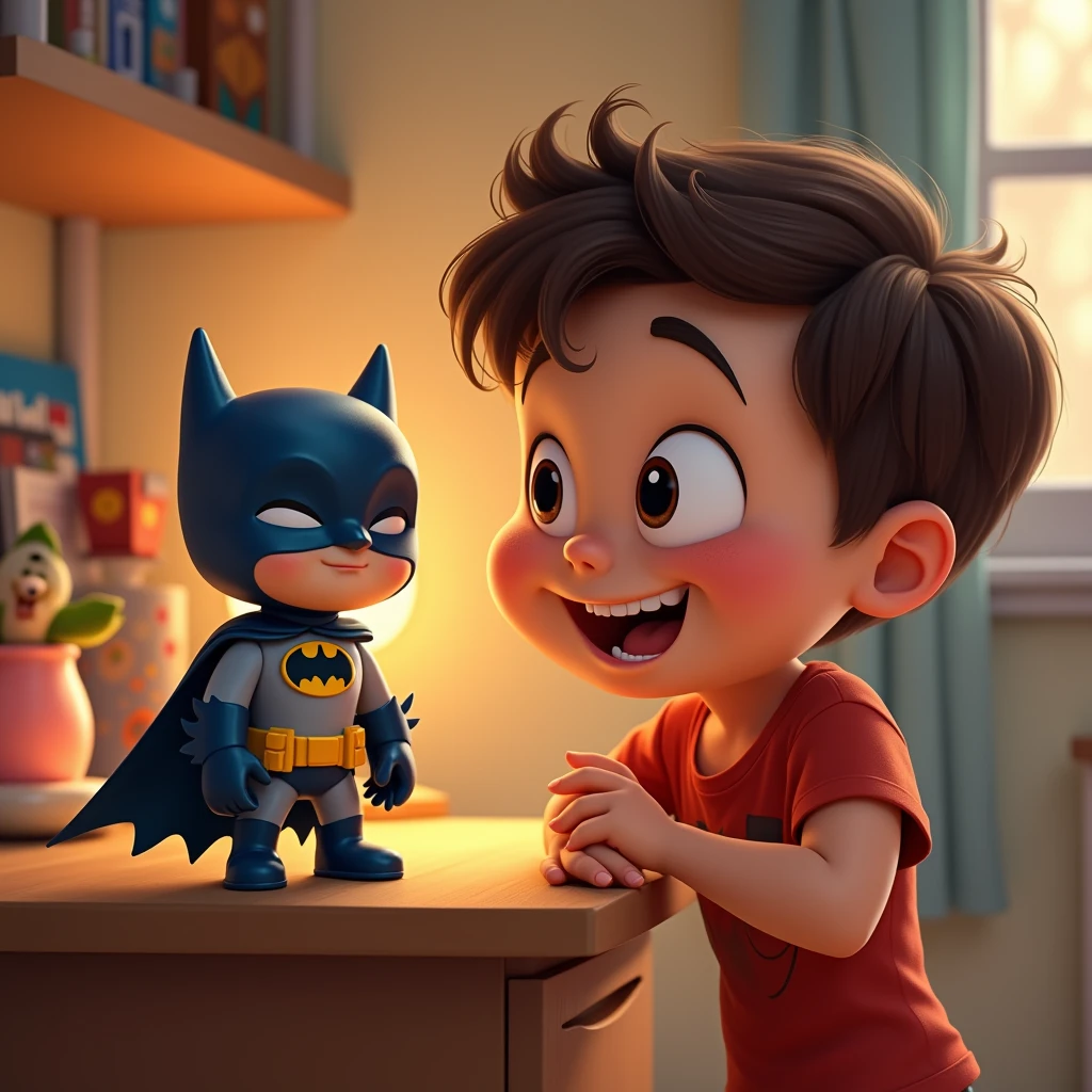 Image type: Pixar cartoon of a boy, short brown hair, big cage eyes, Expression of a happy and friendly child. The boy is smiling and looking at the shelf where his Batman toy is and you can clearly see that Batman is winking at him.