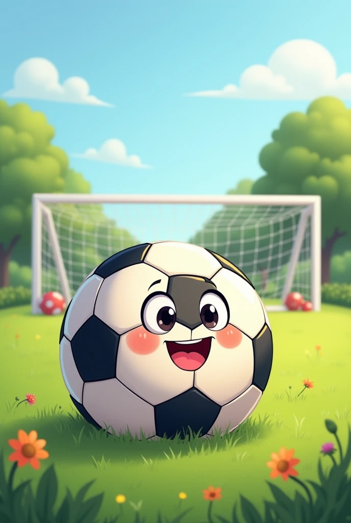 A cartoon soccer ball sitting on the grass next to a goal
