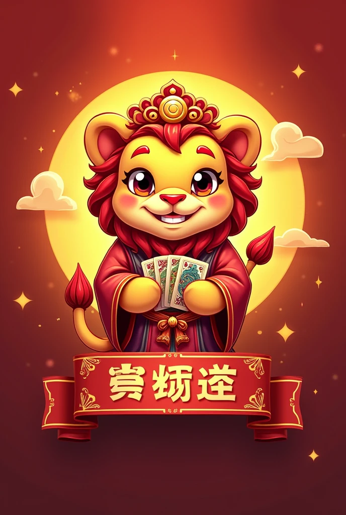 A company logo, with a friendly lion dressed in oriental clothes and cards in hand, below it a banner with the words "little lion game", main colors gold and red.