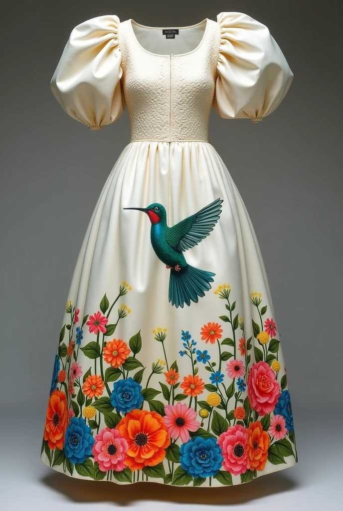 Help me create a large fabric dress with a raised pattern and a colorful hummingbird drawn in the center., and flowers around the bottom that are pretty and that you can see that they are made with paints for a . Let it be different fashion that the fabric is white and that the flowers are visible well.