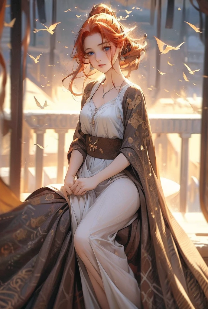 a girl with vibrant ginger hair, short wavy hair, blue eyes, wearing a white nightgown, sitting on a bed looking out the window, legs below the knees exposed, slightly chubby cheeks, fox ears on her head, atmospheric lighting, detailed facial features, serene expression, photorealistic, 8k, high quality, cinematic lighting, dramatic colors