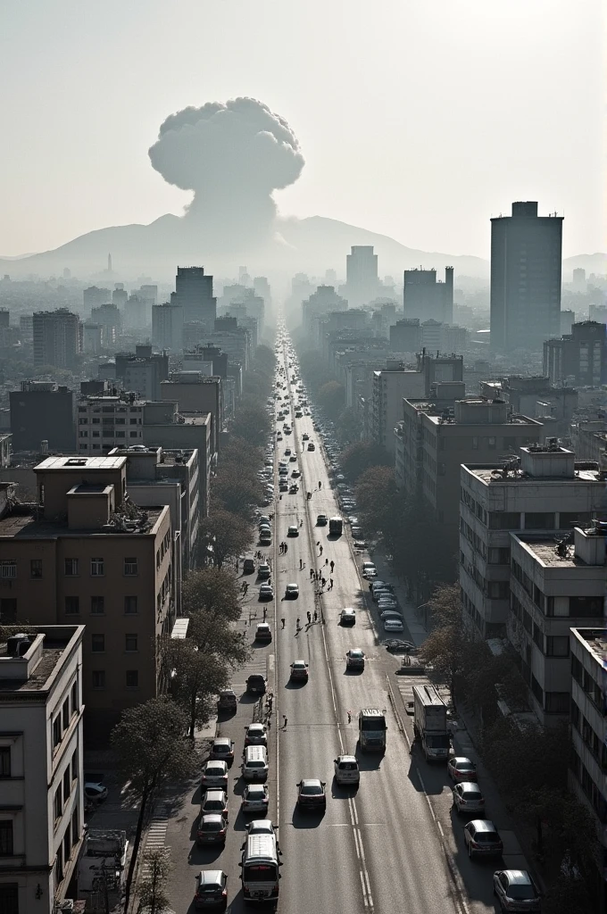 The cityscape of Hiroshima moments before the atomic bomb detonation, showing a bustling city with buildings and streets full of life.
