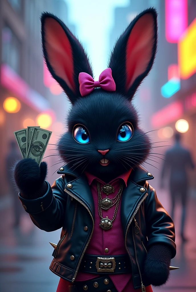 A black rabbit with blue eyes with a bow on his ear dressed as a rocker with money in his paw