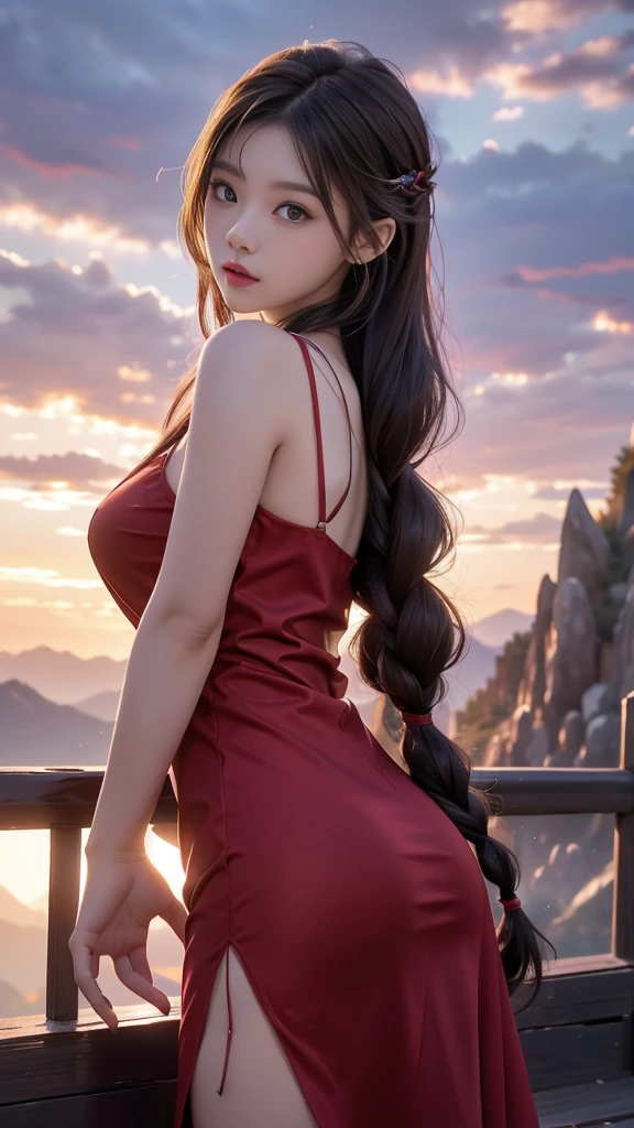 ulzzang-6500-v1.1, (RAW photo: 1.2), (Real photo), (Real photo: 1.4), 1 girl、Perfect anatomy、1、Looking at the camera、Medium length hair、side braids,  Uniform red sexy dress, watching the sunset, ((in the mountains: 1.1))、(Business service)、Asian eyes Ella,