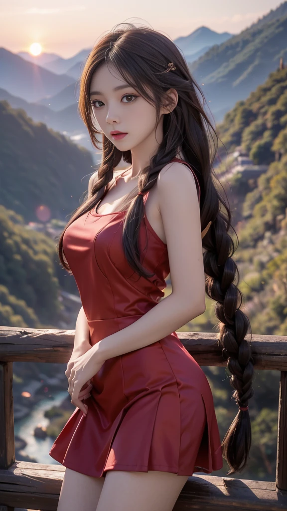 (masterpiece, best quality:1.2), 1girl, solo, long hair, Big Breasts, smile, brown eyes, (Red) enchanted forest at twilight, ethereal light filtering through ancient towering trees, vividly detailed lush undergrowth, mystical creatures lurking in the shadows, sparkling fairy lights weaving through the foliage, a crystal-clear stream with water so pure it glows, cascading waterfall in the background with magical properties
