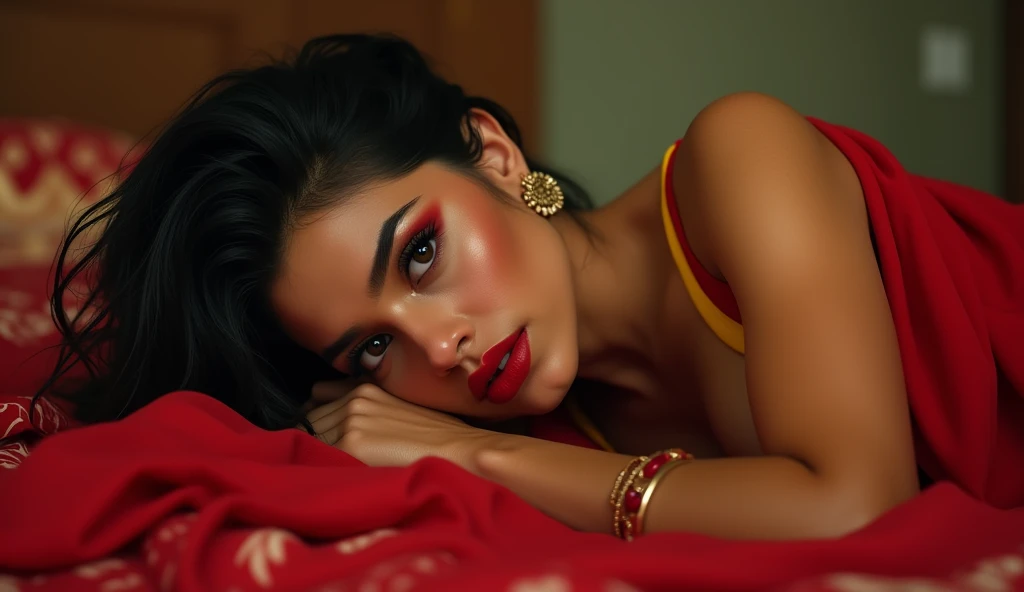 wolf cut hairstyle erotic hindu wife, lying on bed, full sexy body,  front facing to camera, 8K, super realistic, extra huge big breast, super big fake lips red lipstick super delicious body  red saree yellow bra sexy body 