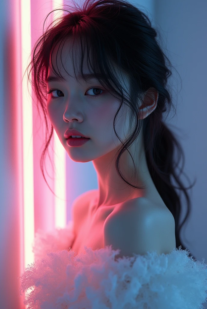 Delicate woman with messy medium hair, white fluffy dress, soft diffuse neon lighting, closeup, Bela
