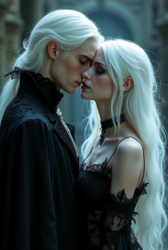 a white haired vampire kissing a oriental gothic girl(best quality,4k,highres,masterpiece:1.2),ultra-detailed,(realistic:1.37),vivid colors,romantic,portrait,studio lighting,sharp focus,black and white film noir,detailed gothic clothing,enchanted atmosphere,vibrant red lipstick,long flowing dress,expressive eyes,pale skin,subtle smile,mysterious,gentle touch,soft moonlight,ethereal background,whispering winds,dark romance,romantic moonlit garden,sensuous,provocative,embrace,passionate,floral aroma,romantic tension,intense desire, lush greenery,moonlit rose garden,moonlit castle,haunting beauty,whispered secrets,eternal love,sublime beauty,immortal charm,fantasy realm.