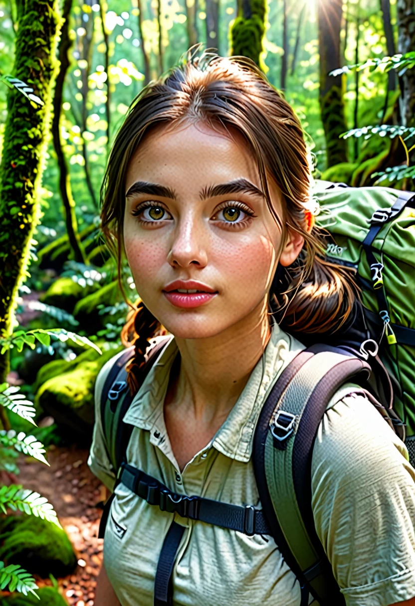 a girl hiking in a lush forest, beautiful detailed eyes, beautiful detailed lips, extremely detailed eyes and face, long eyelashes, adventurous expression, hiking backpack, forest scenery, sunlight filtering through trees, detailed foliage, mossy rocks, winding trail, (best quality,4k,8k,highres,masterpiece:1.2),ultra-detailed,(realistic,photorealistic,photo-realistic:1.37),landscape, natural lighting, warm color tones