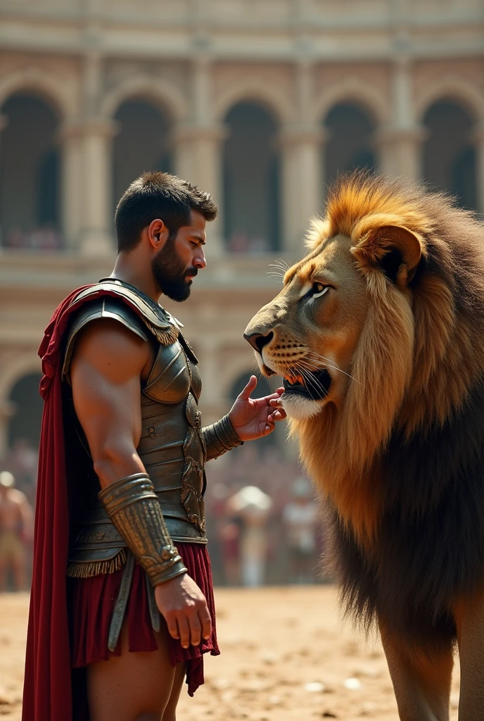 Roman Gladiator Giving a Flower to a Lion