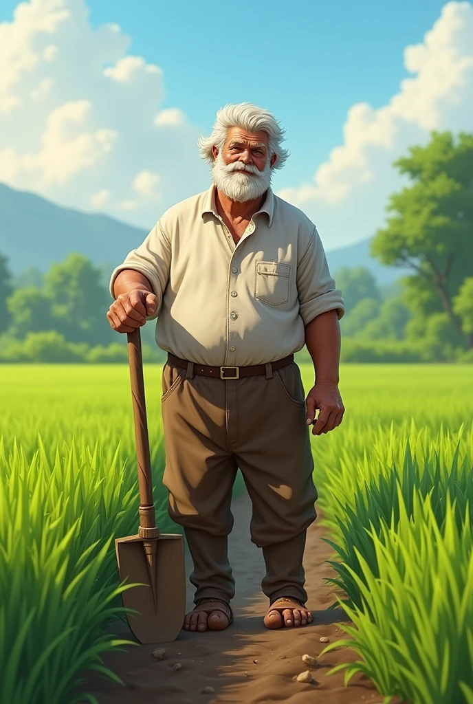 Farmer man holding a hoe white shirt and brown pants. He is in the middle of the green field, the grass is low.