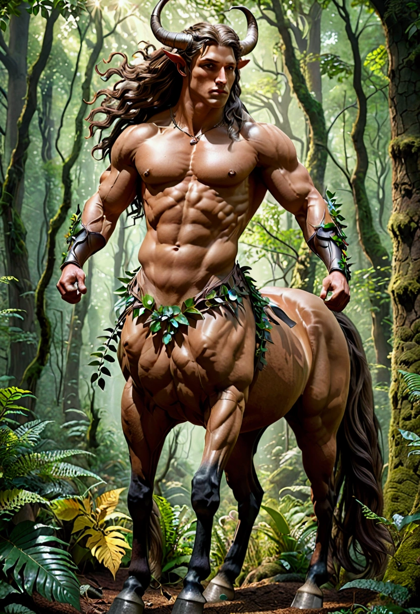 Centaur, a centaur, mythical creature with the upper body of a human and the lower body and legs of a horse, highly detailed anatomical features, muscular and athletic physique, flowing horse hair, in a lush forest environment, detailed foliage and trees, dramatic lighting, cinematic composition, vibrant colors, (8k,highres:1.2),ultra-detailed, detailed facial features, piercing eyes, chiseled features, masterpiece, best quality, very aesthetic, absurdres, masterpiece, best quality, very aesthetic, absurdres