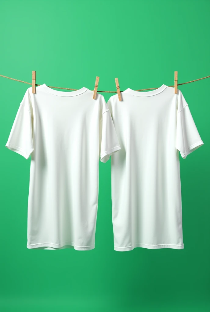 Create a realistic image using a 4K high-definition camera, featuring two oversized white cotton t-shirts (220 grams, fine fabric) hanging on a clothesline. The t-shirts should be caught in an exaggerated wind effect, creating dynamic, sweeping folds and ripples in the fabric. One t-shirt should show the back, while the other displays the front, highlighting the contrast between the two perspectives. The background should be a solid green color, providing a bold and vibrant contrast to the white t-shirts. The lighting should be bright and natural, emphasizing the texture and movement of the high-quality, oversized fabric