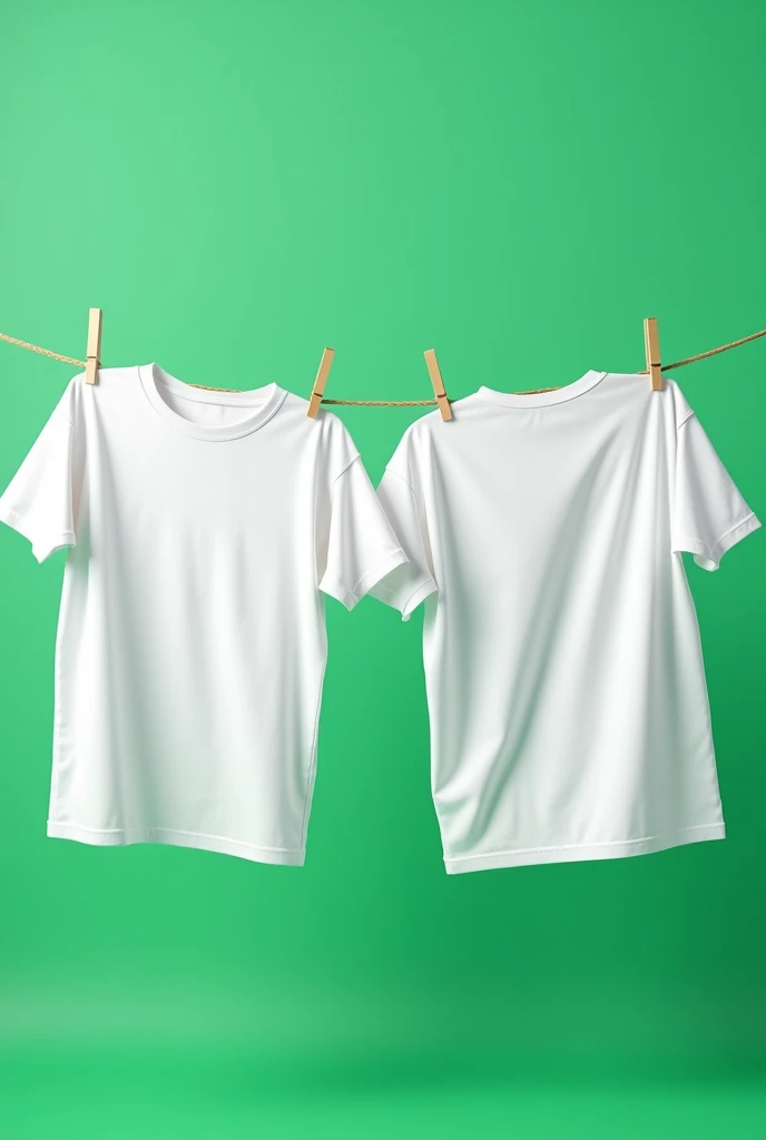Create a realistic image using a 4K high-definition camera, featuring two oversized white cotton t-shirts (220 grams, fine fabric) hanging on a clothesline. The t-shirts should be caught in an exaggerated wind effect, creating dynamic, sweeping folds and ripples in the fabric. One t-shirt should show the back, while the other displays the front, highlighting the contrast between the two perspectives. The background should be a solid green color, providing a bold and vibrant contrast to the white t-shirts. The lighting should be bright and natural, emphasizing the texture and movement of the high-quality, oversized fabric