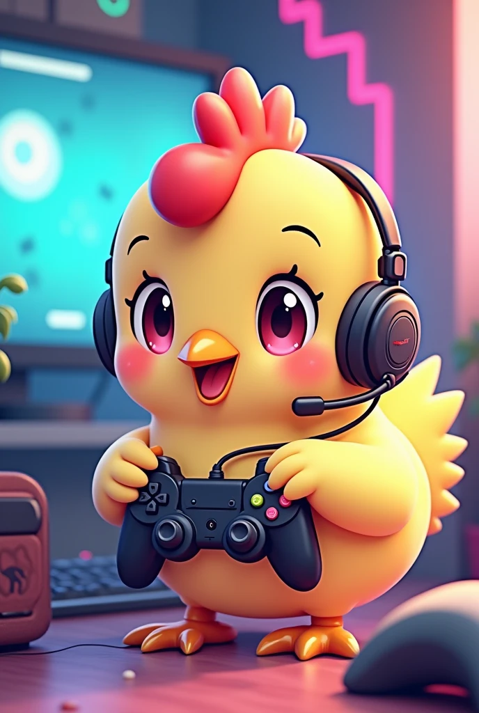 Draw me a cute, animated, kawaii video gamer chick. I want A CHICKEN. A more kawaii CHICKEN, please, more cute, more animated.