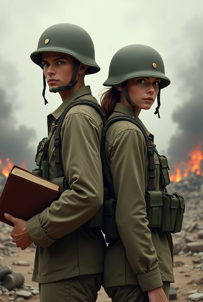 TWO YOUNG SOLDIERS (MALE AND FEMALE), back to back, WITH THE BIBLE INSTEAD OF A WEAPON