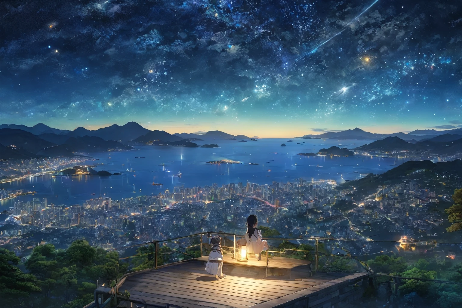 (8k、RAW Photos、highest quality、look up:1.2、masterpiece:1.2、Genuineistic、Ultra-high resolution、High Contrast、Photon Mapping、Genuine、Very detailed、Official Art, RAW Photos、professional Lighting、 Light、Vivid atmosphere、twiceLight) title: 「Starry sky sounds」 explanation: These 8k RAW Photos are、Highest quality and very detailed background、私t depicts a girl looking up at the night sky.。 The landscape spreads in the background、Beautiful stars in the night sky々And the nebula is shining。The sun goes down、At the foot of the mountains the sea spreads、Regional cities without skyscrapers are expanding.。、私t depicts a girl lost in thought while looking at the stars.。The city seen from where you sit、The Lights of each house shine beautifully、The Light on the ground and the glow of the night sky create a beautiful contrast.。 This anime scene、A beautiful depiction of the girl&#39;s night view.、私t expresses the moment when she finds the star of hope while looking at the stars.。