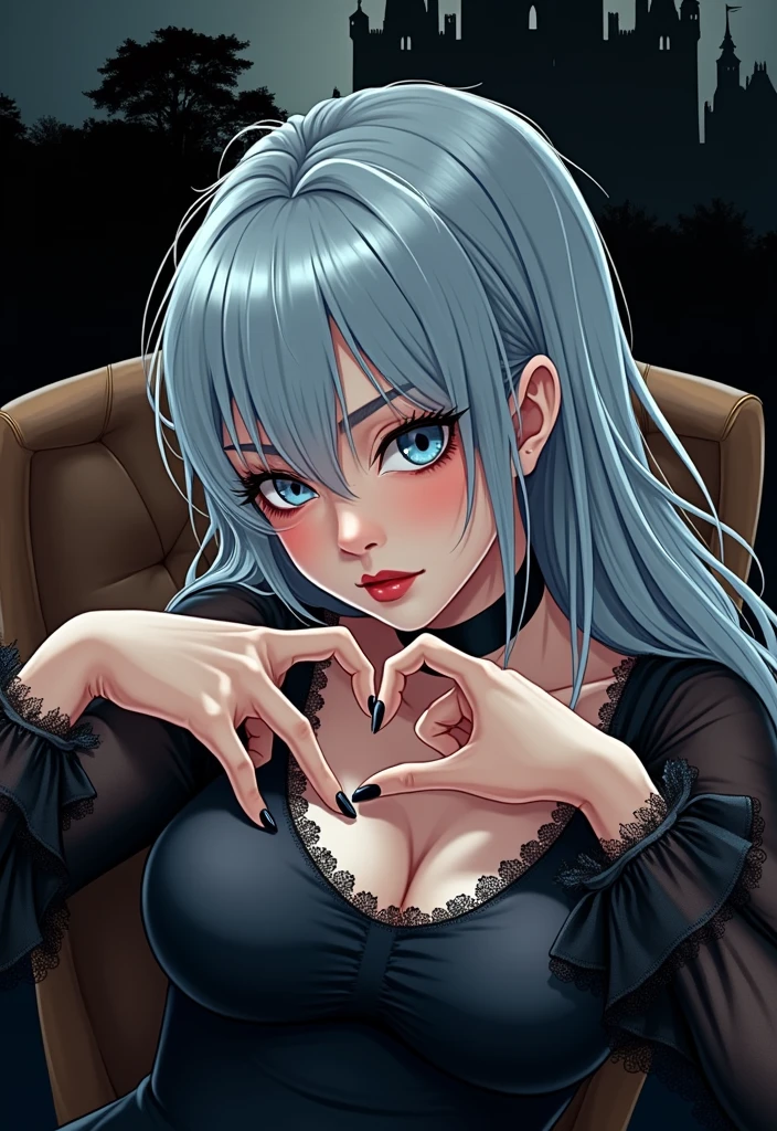 1 close-up of a woman in a dress against a castle, gothic fantasy art, fantasy dark art, gothic fantasy, gothic, in style of dark fantasy art, gothic art, gothic maiden of darkness, detailed fantasy art, large bust, looking at us, 3 sitting sideways to us leaning, 2 squeezing dress, making heart with fingers, 1.5 chest covered
