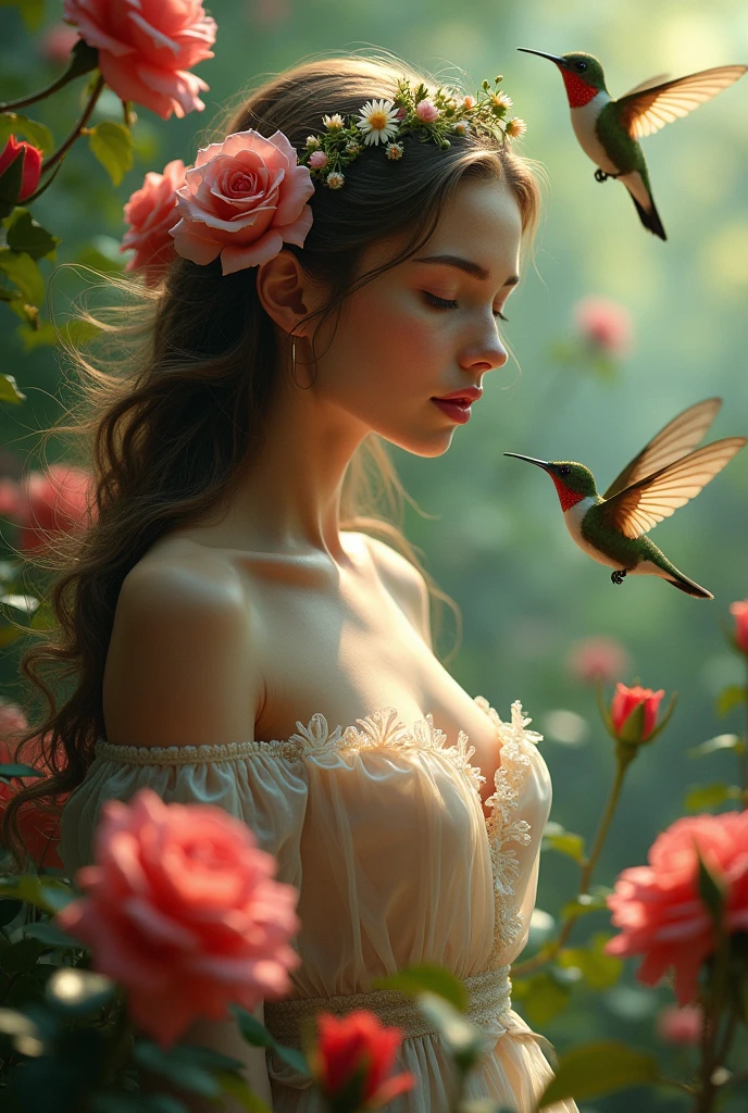 Beautiful sensual fairy woman with hummingbirds and roses around her