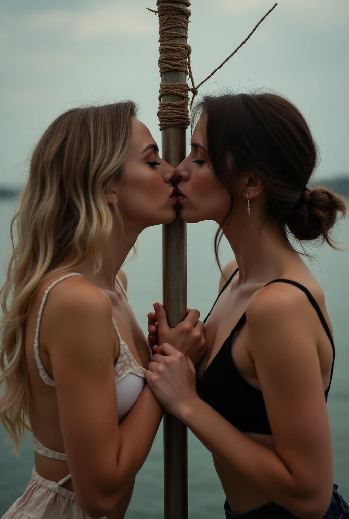 Pretty girl in bikini kissing another girl in a sexy pose