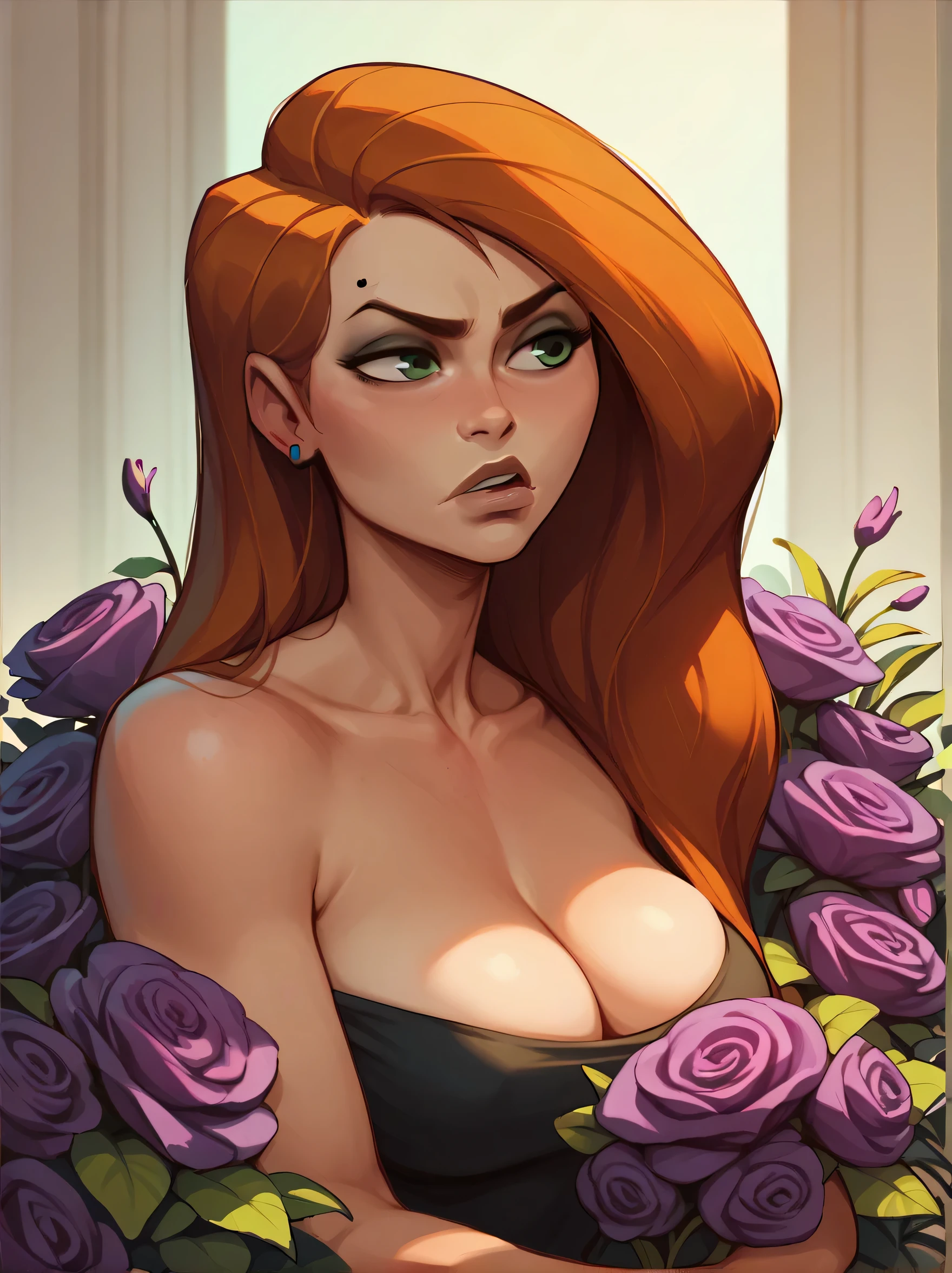 score_9, score_8_up,score_7_up, score_6_up, score_5_up, score_4_up, woman, best quality, highres, portrait, solo, beautiful, makeup, soft lips, kim possible, jealous, large cleavage, (((flowers)))