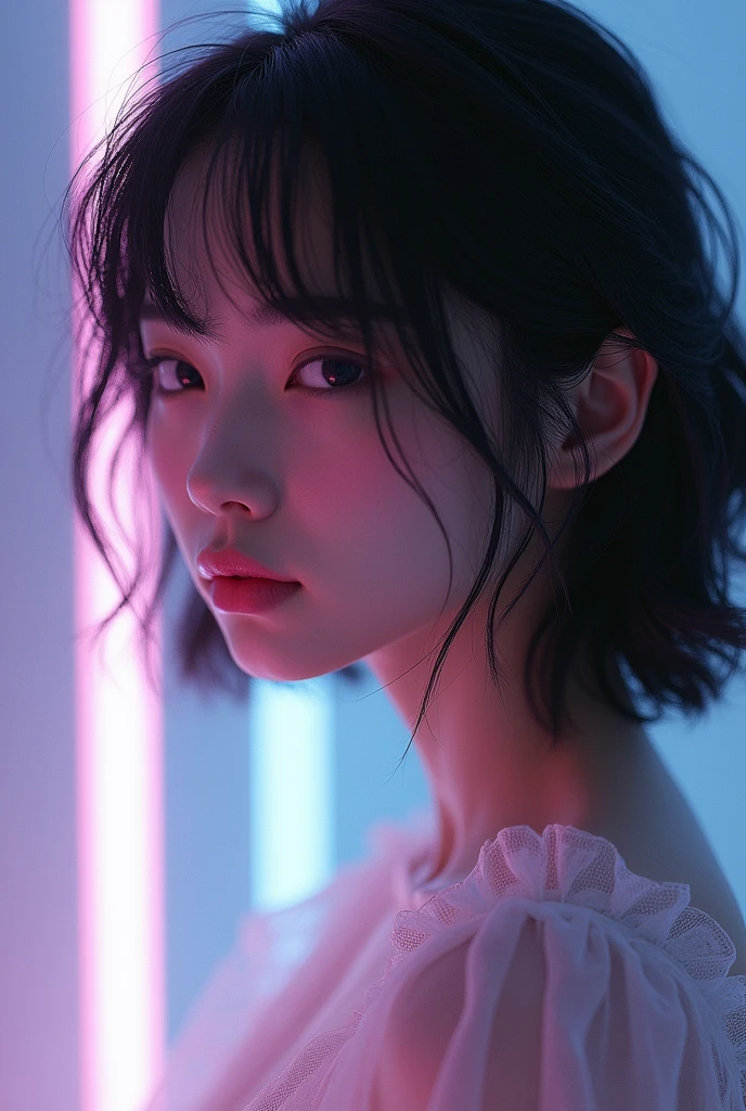 Delicate woman with messy medium hair, white fluffy dress, soft diffuse neon lighting, closeup, Bela, thin and delicate nose