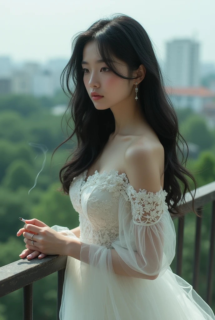 A beautiful white girl with long black wavy hair smokes a cigarette in a wedding dress  on a balcony 