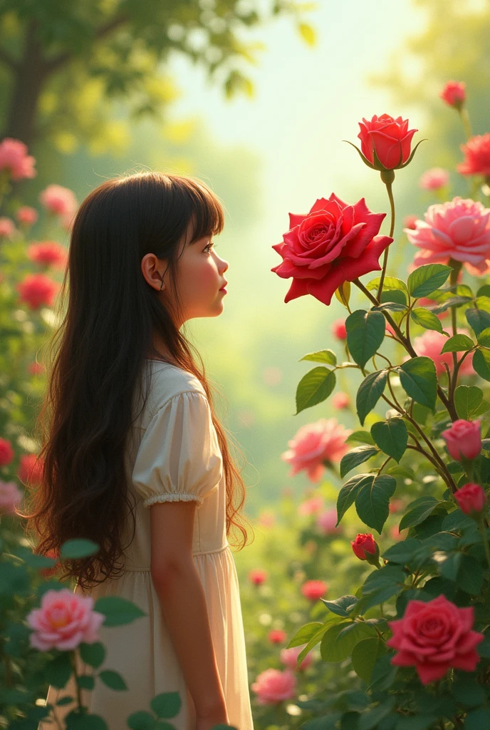 an eight year old girl with chocolate colored hair without bangs with LONG hair, It is in his grandfather's orchard , She is surrounded by many flowers but she is talking to a rose