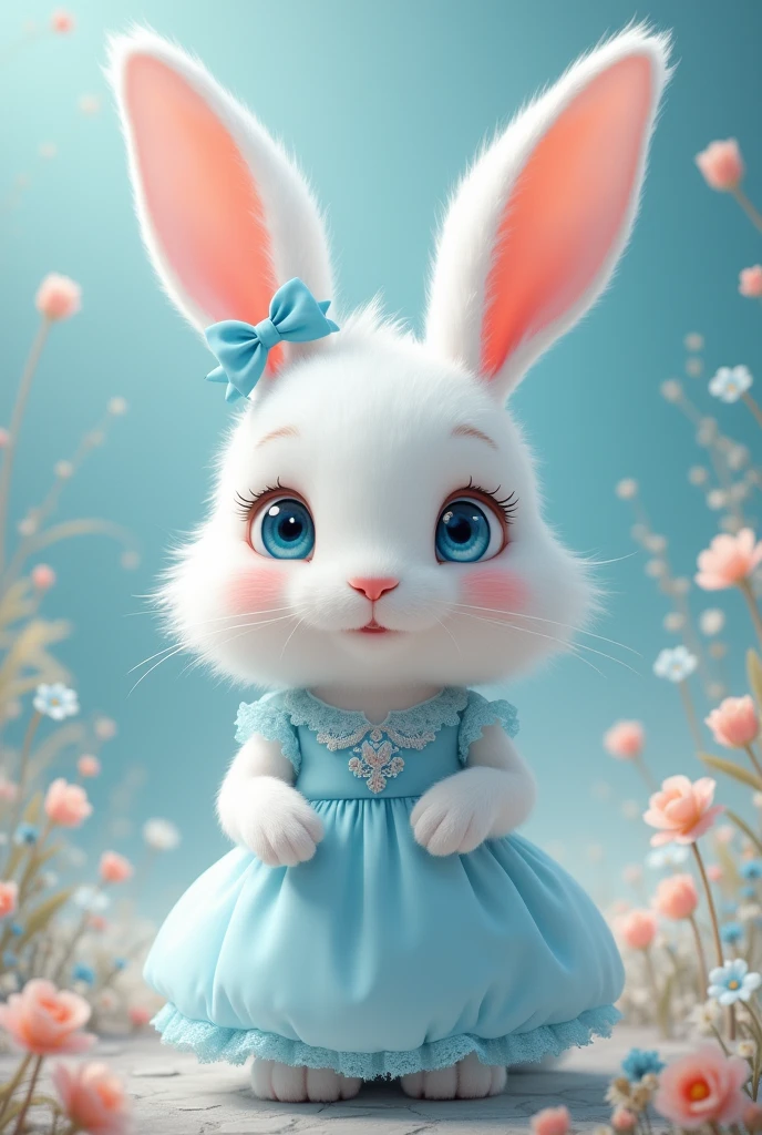 A white rabbit with a light blue dress, blue eyes and a bow on her head