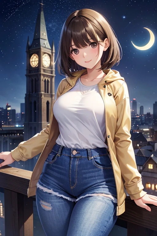 anegasaki nene、Shiny brown hair, short hair, (Beautiful brown eyes、Sparkling eyes, Fine grain)、smile、Ultra-detailed eyes、Very detailed顔, Very detailed目,
(One girl, alone, alone),, Very detailed, Soft indirect lighting, 4K, Perfect Eyes,Perfect lighting,
((head, Jacket, Mini Short, Short jeans, Mini Short jeans)), lips, Focus on your audience, Curvy Hips, wealthy, Mesh tights)), Standing on top of a tower, Cityscape with a church in the background, (Starry Night), Crescent Moon)),